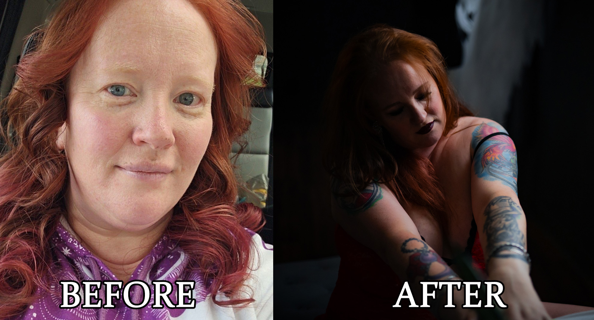 Lavish Luxe Boudoir before and after professional hair and makeup transformation